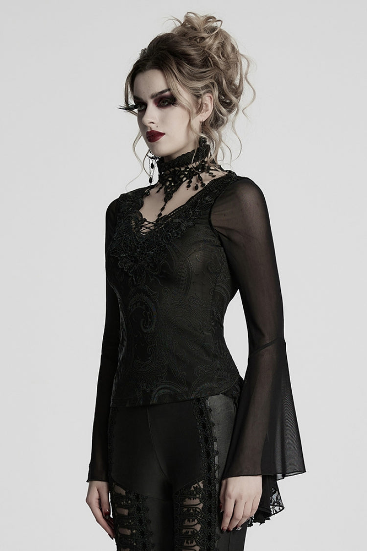Black V Collar Embroidery Lace Lace-Up Women's Gothic Blouse