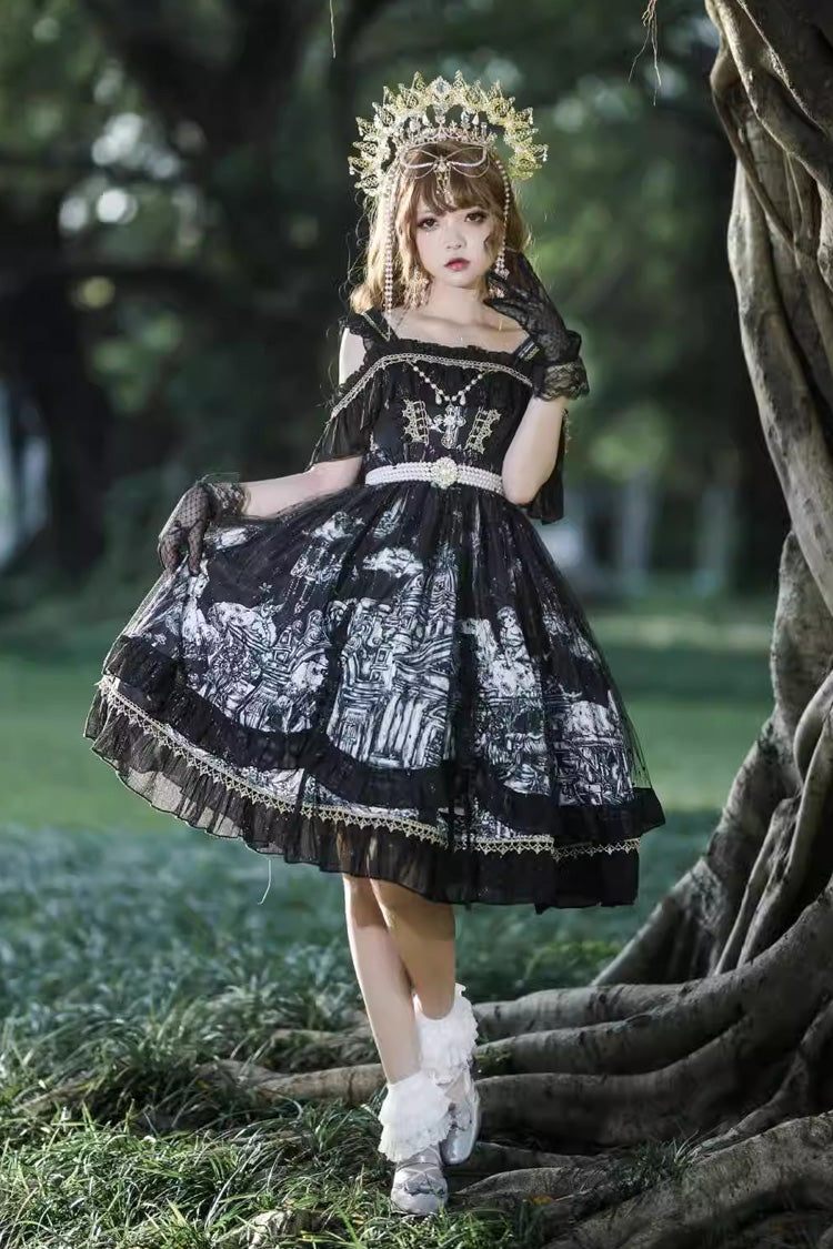 Black [Castle Feast] Print Ruffle Bowknot Gothic Princess Lolita Jsk Dress