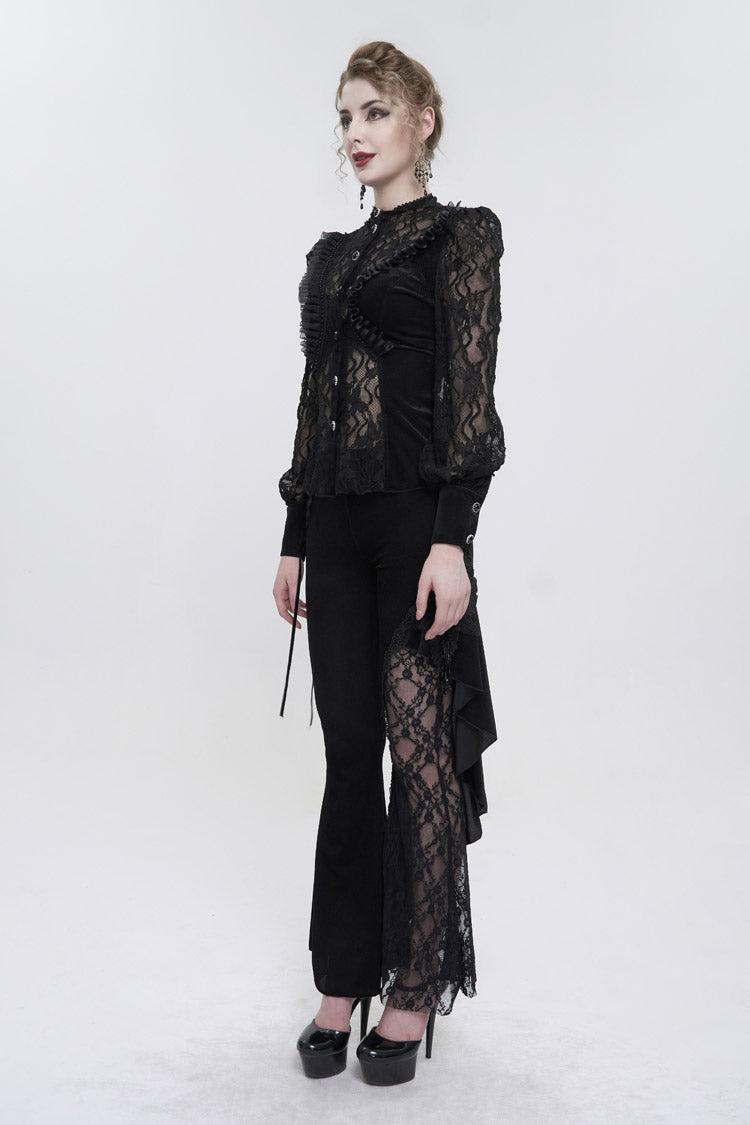 Black Velvet High Neck Lace Fake Bra Design Splicing Three-Dimensional Butterfly Mesh Women's Gothic Shirt