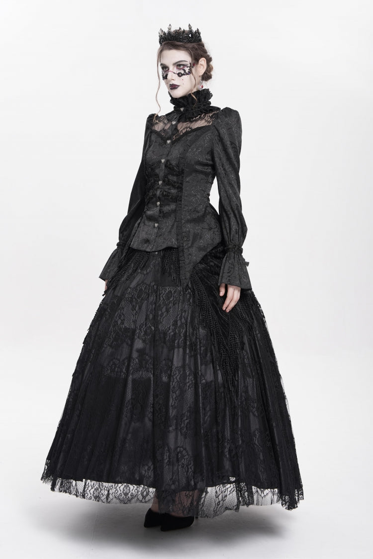 Black Stand Collar Long Sleeves Jacquard Hollow Lace Women's Gothic Blouse