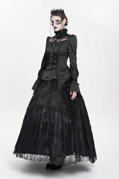 Black Stand Collar Long Sleeves Jacquard Hollow Lace Women's Gothic Blouse