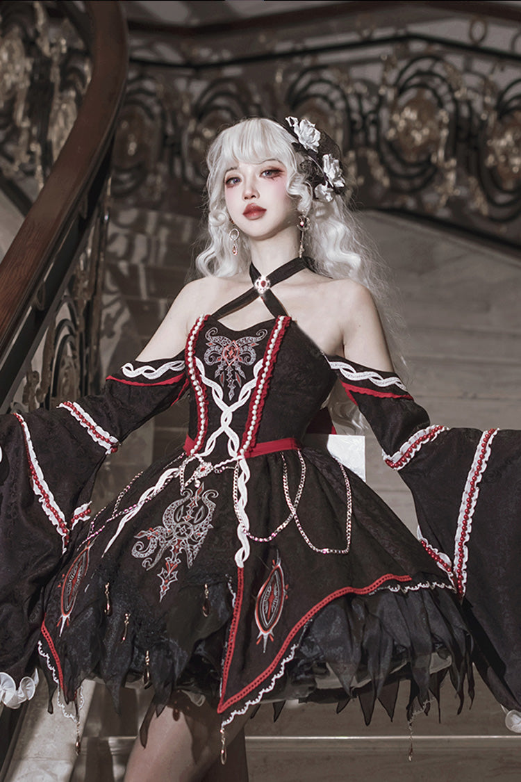 Black [Phantom Devourer] Off Shoulder Long Hime Sleeves Print Embroidery Gothic Lolita Dress