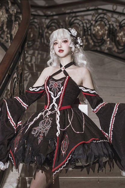 Black [Phantom Devourer] Off Shoulder Long Hime Sleeves Print Embroidery Gothic Lolita Dress