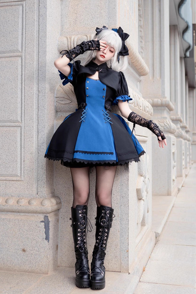 Black/Blue [Night Liana] Ruffle Bowknot Lace-Up Sweet Japanese Lolita Jumper Dress Set