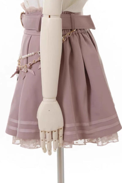 Sweet Heart Belt Printed Ruffled Bow Pearl-Decorated Chain-Decorated Plus Size Pleated Jirai Kei Skirt