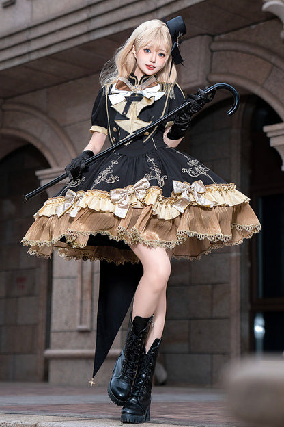 Black [Gilded Oath] Short Sleeves Double-Layered Ruffle Embroidery Bowknot Gothic Lolita Dress