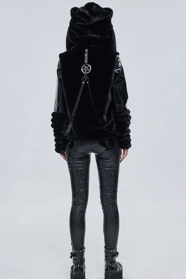 Black Punk Cuff Pleated Design Metal Five-Pointed Star Shape Belt Decoration Cat Ear Women's Coat
