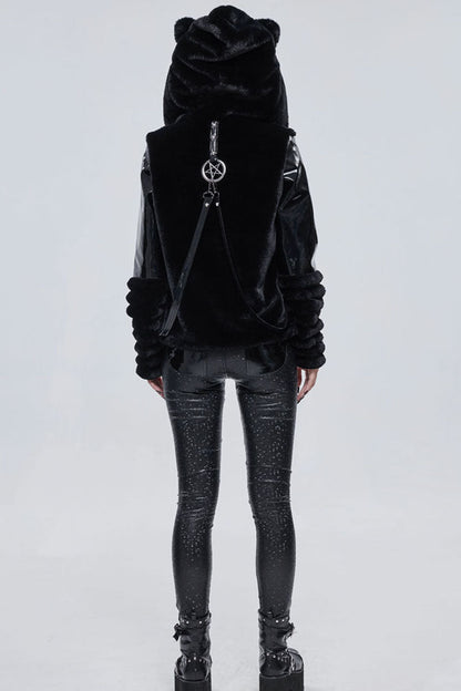 Black Punk Cuff Pleated Design Metal Five-Pointed Star Shape Belt Decoration Cat Ear Women's Coat