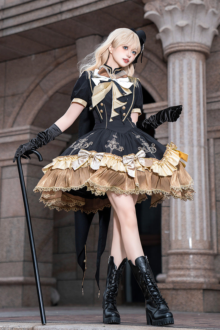 Black [Gilded Oath] Short Sleeves Double-Layered Ruffle Embroidery Bowknot Gothic Lolita Dress