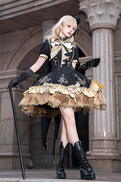Black [Gilded Oath] Short Sleeves Double-Layered Ruffle Embroidery Bowknot Gothic Lolita Dress