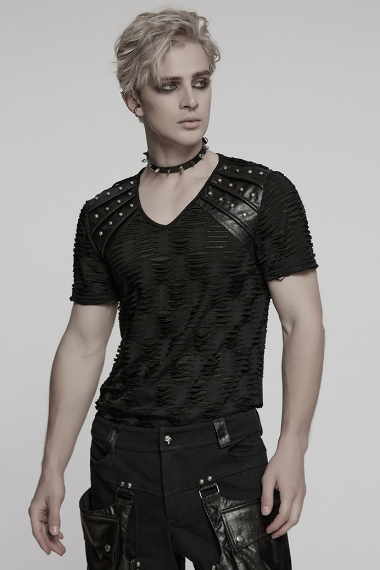 Black Short Sleeves Jacquard Faux Leather Stitching Ripped Rivet Men's Punk T-Shirt