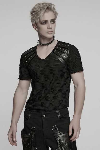 Black Short Sleeves Jacquard Faux Leather Stitching Ripped Rivet Men's Punk T-Shirt