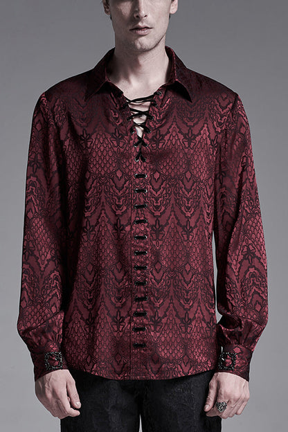 Jacquard Long Sleeve Front Metal Eyelets Lace Up Metal Carving Buckle Cuff Men's Gothic Shirt 3 Colors