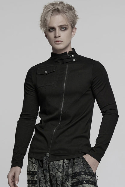 Black Stand Collar Long Sleeves Asymmetric Zipper Men's Punk Blouse