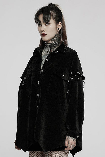 Black Punk Loose Velvet Two Way Split Detachable Long Sleeve Irregular Hem Long Pocket Women's Shirt