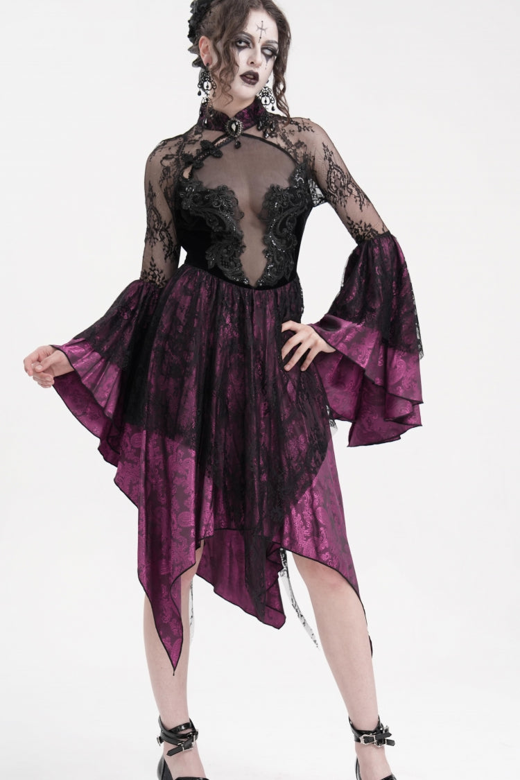 Black/Purple Long Sleeves Embroidery Lace Lace-Up Irregular Sheer Mesh Women's Gothic Dress