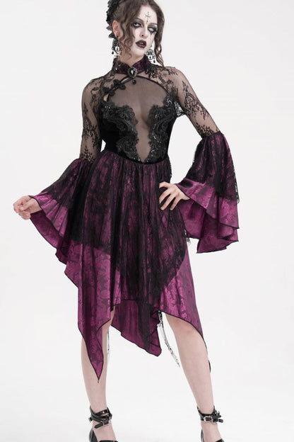 Black/Purple Long Sleeves Embroidery Lace Lace-Up Irregular Sheer Mesh Women's Gothic Dress