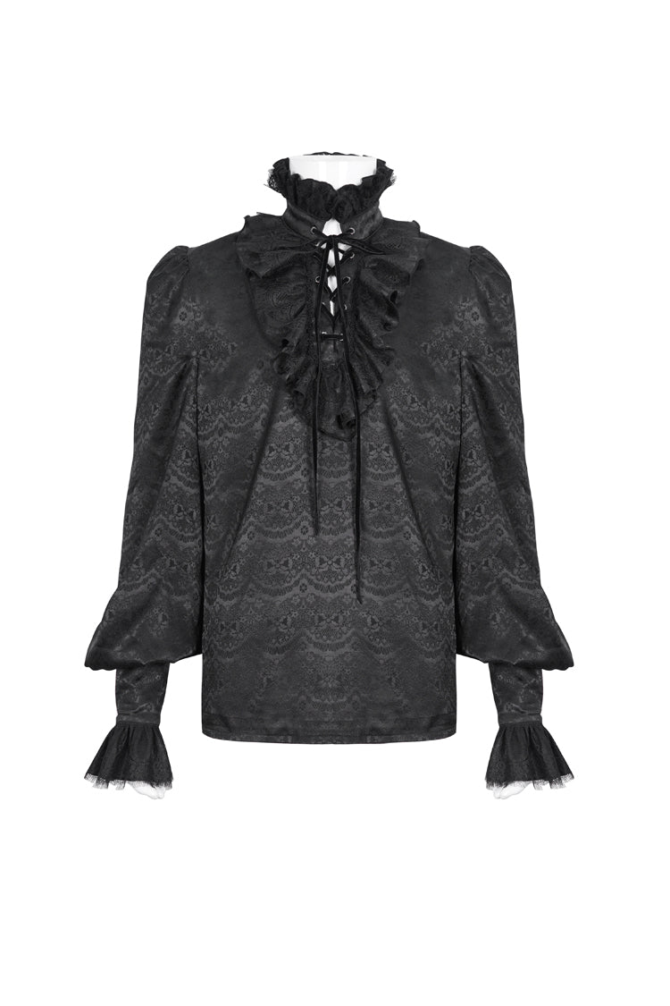 Black Stand Collar Long Sleeves Jacquard Ruffle Men's Gothic Blouse
