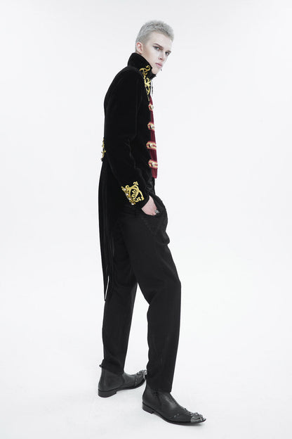 Black/Red Retro Totem Embroidered Swallow Tailed Men's Gothic Coat