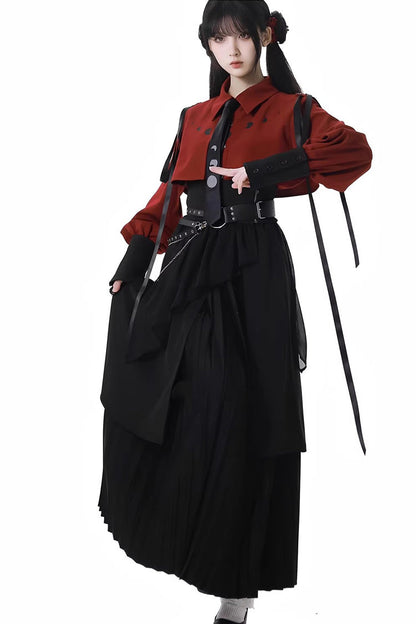 Red/Black [Moonlight Flowing] Long/Short Sleeves Ruffled Asymmetric Gothic Jirai Kei Skirt Set