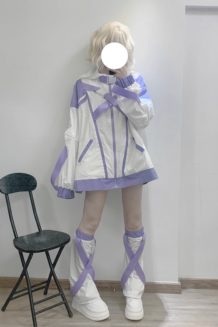 White/Purple Cyberpunk Functional Print Hooded Jirai Kei Japanese Sports Coat