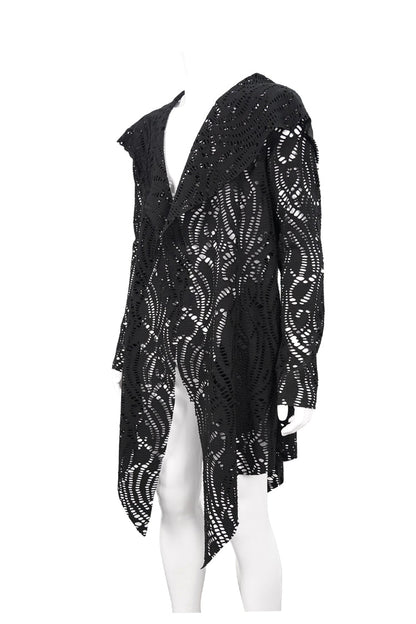 Black V Neck Long Sleeve Sharp Corner Hem Broken Holes Men's Punk Coat