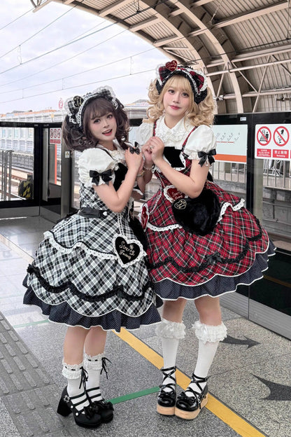 Black/White [Shibuya Sweetheart] Sleeveless Plaid Print Ruffle Bowknot Sweet Lolita Jsk Dress (Plus Size Support)