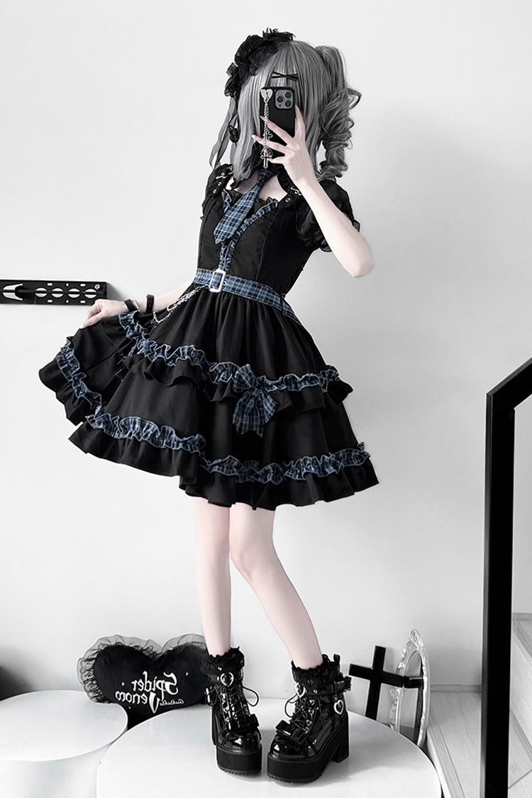 Black [Dark Night Starlight] Chain Ruffle Bowknot Lace Buckle Gothic College Style Lolita Dress Set
