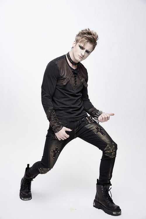 Punk Rock Bronze Fitted Leather Cross Mens Pants