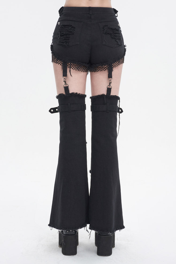 Black Segmented Splicing Old Fashioned Holes Flared Women's Punk Trouser