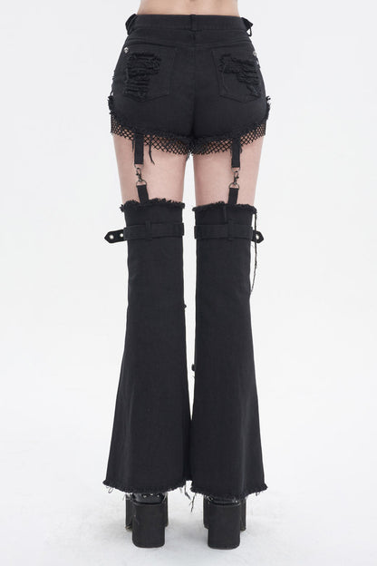 Black Segmented Splicing Old Fashioned Holes Flared Women's Punk Trouser