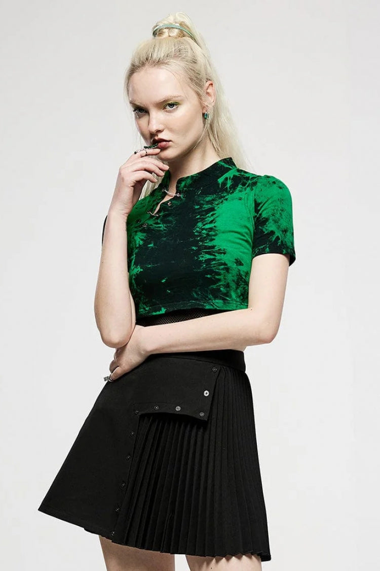 Green Short Sleeves Tie-dyed Metal Chain Women's Steampunk Short T-Shirt