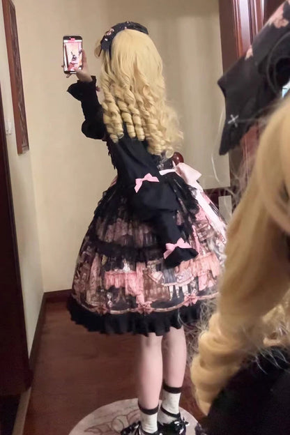 Black [The Case of the Missing Lamb] Print Ruffle Bowknot Lace Gothic Lolita Jsk Dress