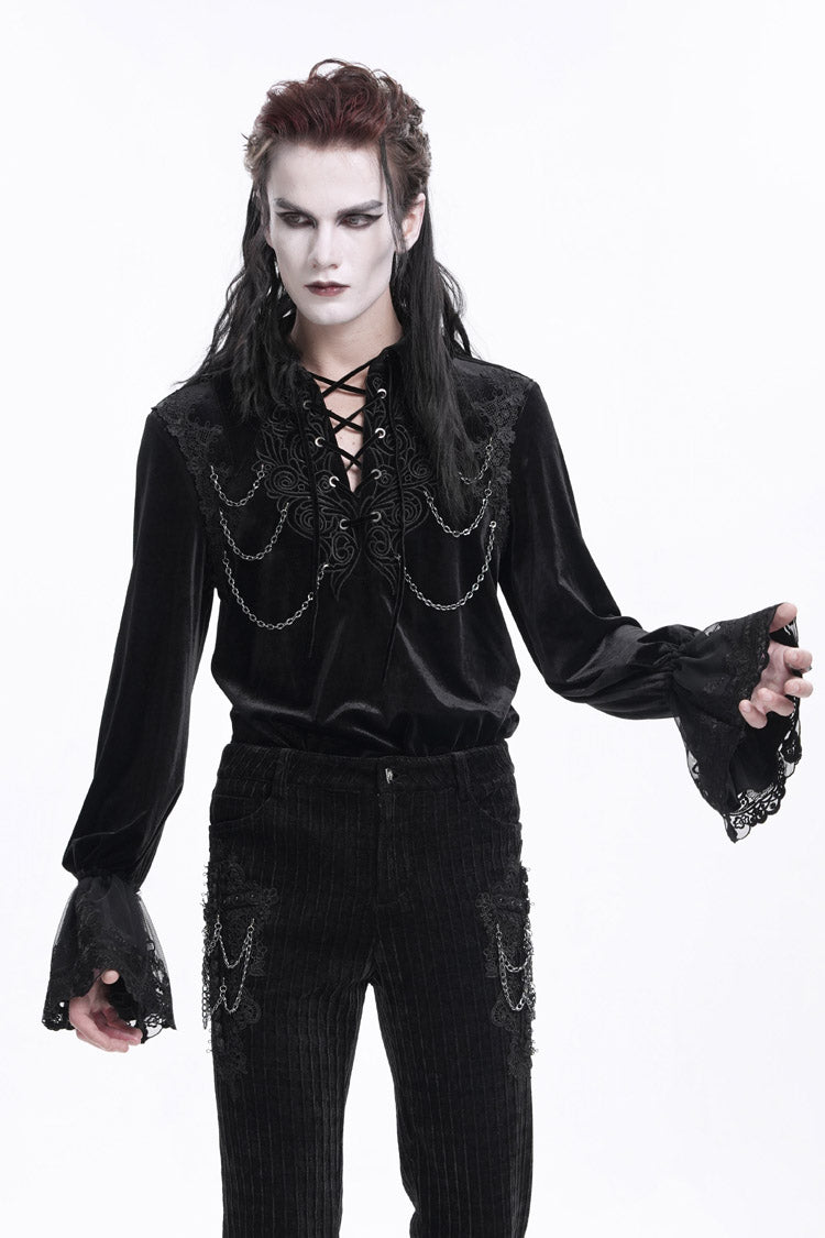 Black V Collar Long Sleeves Lace-Up Chain Men's Gothic Blouse