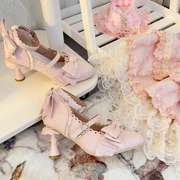 Ruffled Bow Lace Sweet Elegant Lolita Pointed Toe High Heels 4 Colors