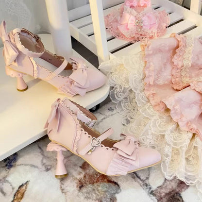 Ruffled Bow Lace Sweet Elegant Lolita Pointed Toe High Heels 4 Colors