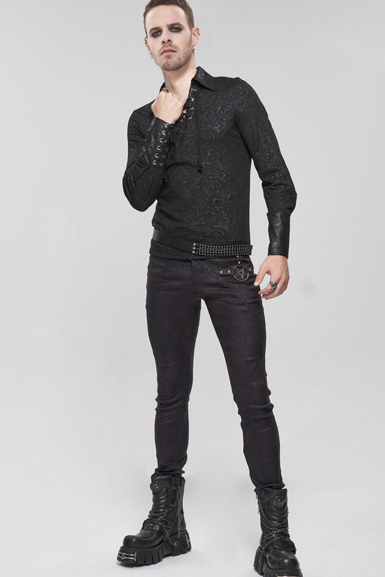 Black Punk High Collar Long Sleeve Stitched Metal Lace-Up Pentagram Hollow Texture Design Men's T-Shirt