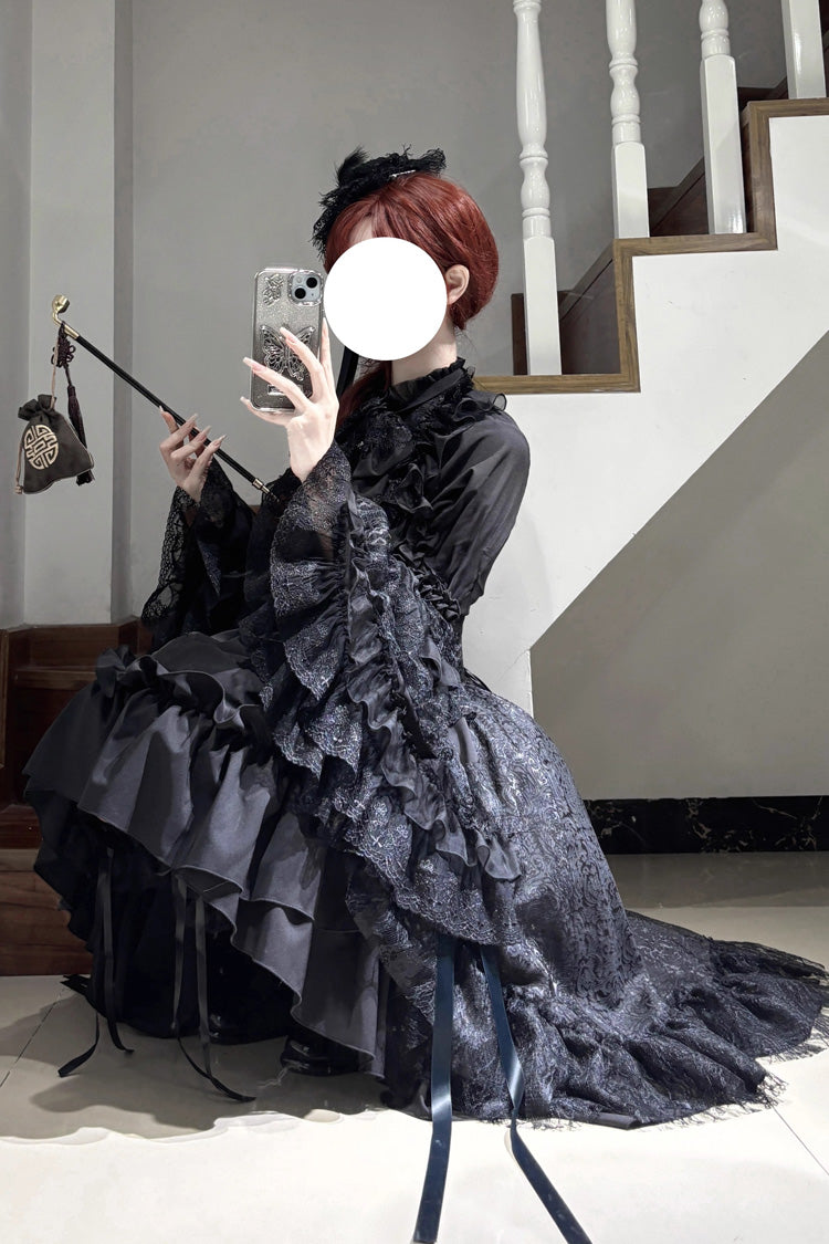 Black [Eternal Taboo] Long Hime Sleeves Ruffled Bow Gothic Lolita Skirt Dress Set