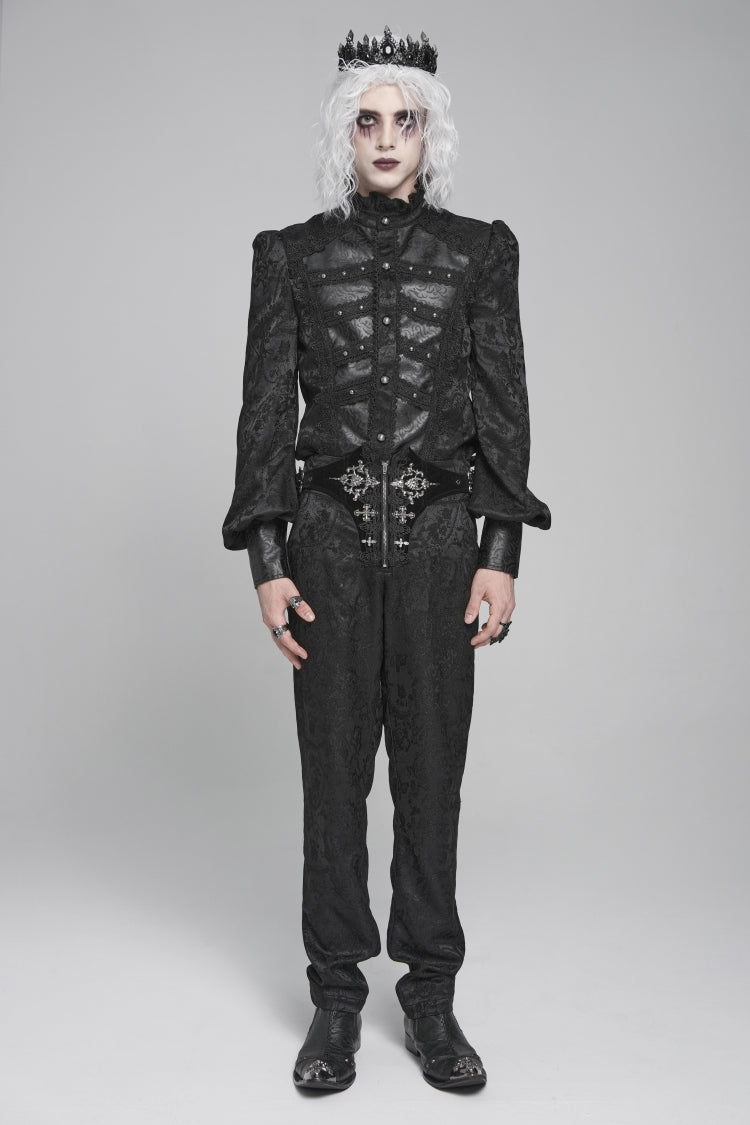 Black Stand Collar Long Lantern Sleeves Floral Print Embroidery Men's Gothic Blouse