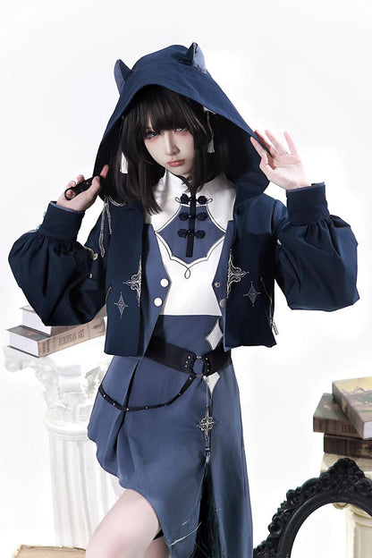 Blue [Indigo Shadow Journey] Stand Collar Long Sleeves Embroidered Hooded Asymmetric Punk Ouji Lolita Dress Four-Piece Set