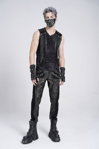Black Sleeveless Eyelet Strap Distressed Men's Gothic Vest