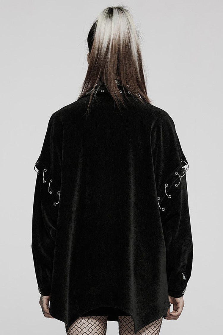 Black Punk Loose Velvet Two Way Split Detachable Long Sleeve Irregular Hem Long Pocket Women's Shirt