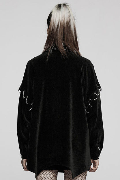 Black Punk Loose Velvet Two Way Split Detachable Long Sleeve Irregular Hem Long Pocket Women's Shirt