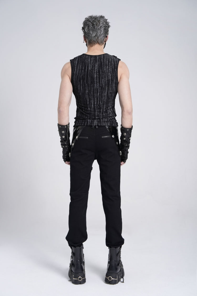 Black Sleeveless Ribbed Print Stitching Mesh Zipper Men's Gothic Vest