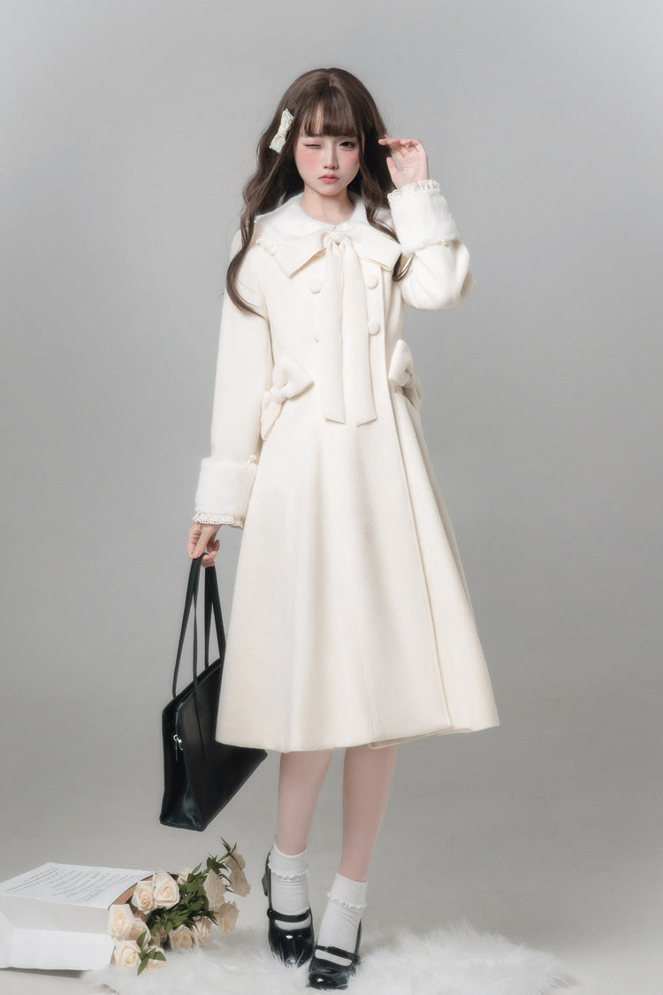 White [First Snow] Doll Collar Long Sleeves Bow Sweet Lolita Coat