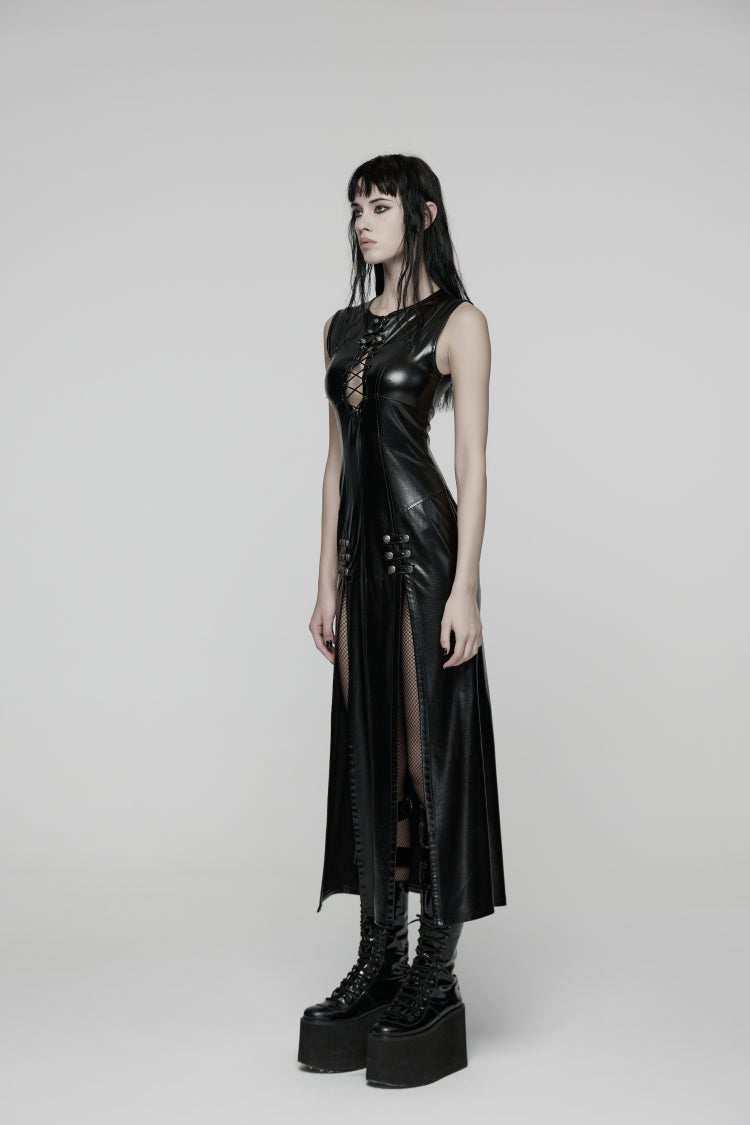 Black Sleeveless Split Lace-Up Slim Women's Punk Dress