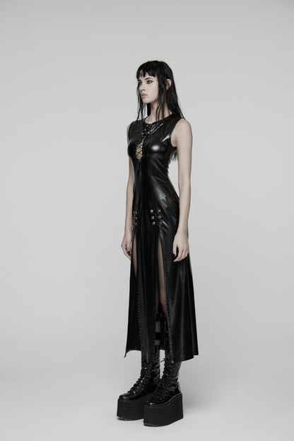 Black Sleeveless Split Lace-Up Slim Women's Punk Dress