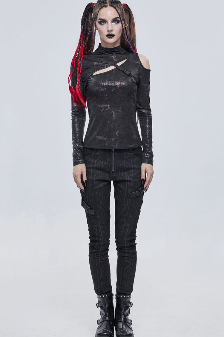 Bronzer Punk Cracked Stretch Knitted Fabric Chest Cutout Design Buckle Strap Decoration Long Sleeves Women's Shirt