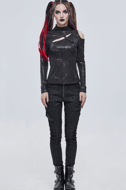 Bronzer Punk Cracked Stretch Knitted Fabric Chest Cutout Design Buckle Strap Decoration Long Sleeves Women's Shirt