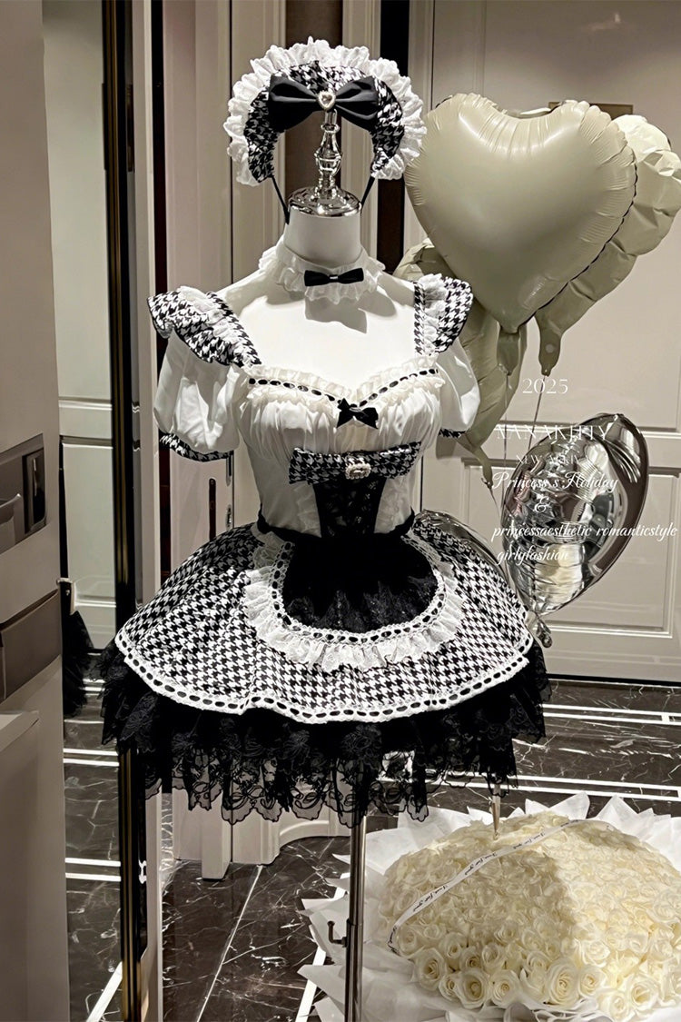 Black/White [Lovely Houndstooth] Square Collar Short Sleeves Print Ruffle Bowknot Lace Maid Sweet Lolita Dress